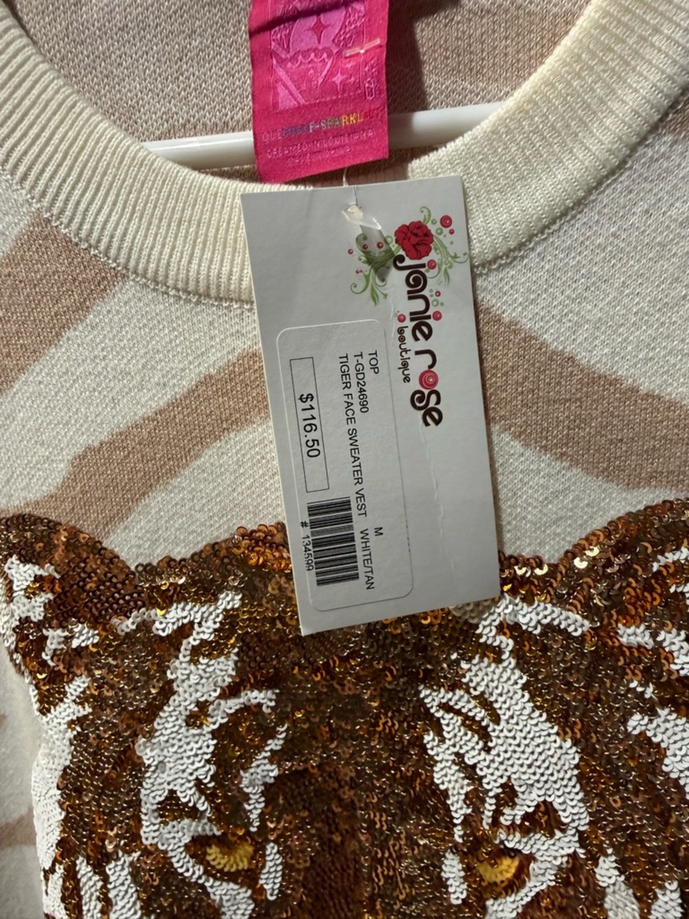 QUEEN OF SPARKLES Cream and Tan Tiger Sequin Knit Tank - Picture 2 of 9